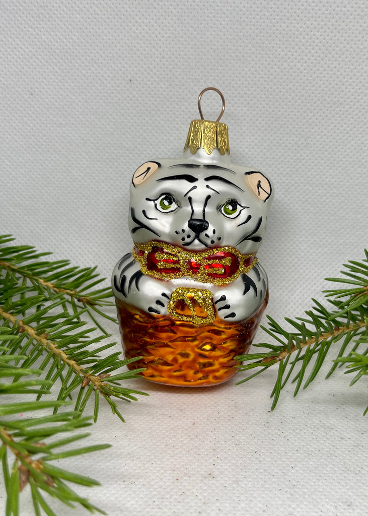 Silver tiger with a bow glass Christmas handmade ornament, Luxury Christmas glass decoration, Christmas tree glass ornament ChristmasboxStore