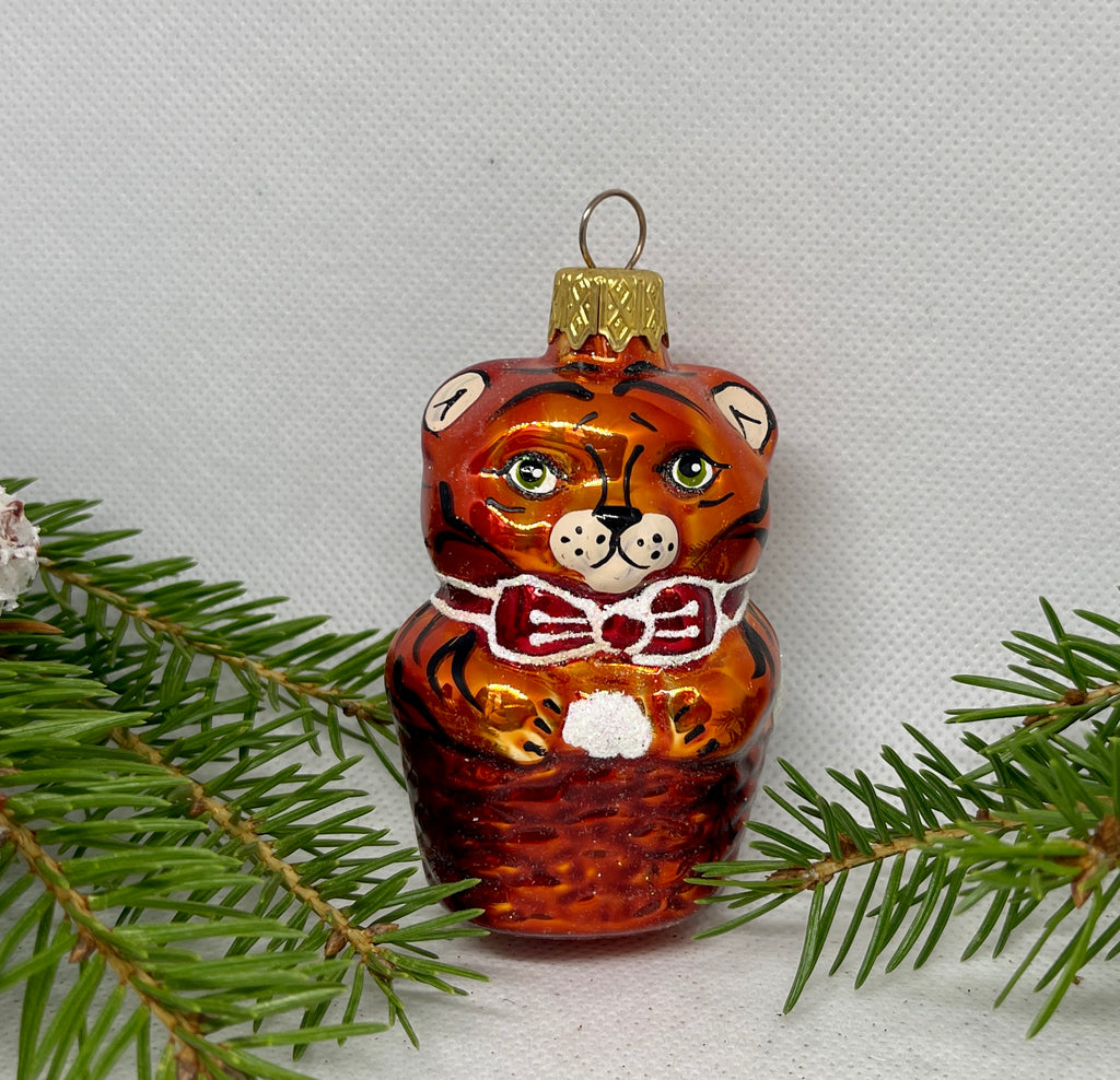 Bronze tiger with a bow glass Christmas handmade ornament, Luxury Christmas glass decoration, Christmas tree glass ornament ChristmasboxStore