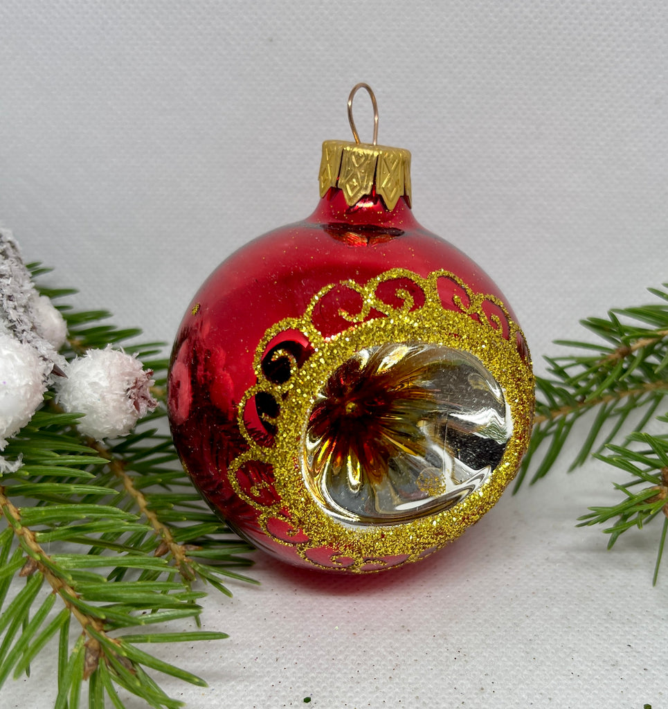 Red and gold reflector glitter glass Christmas ornament, handmade XMAS decoration ChristmasboxStore