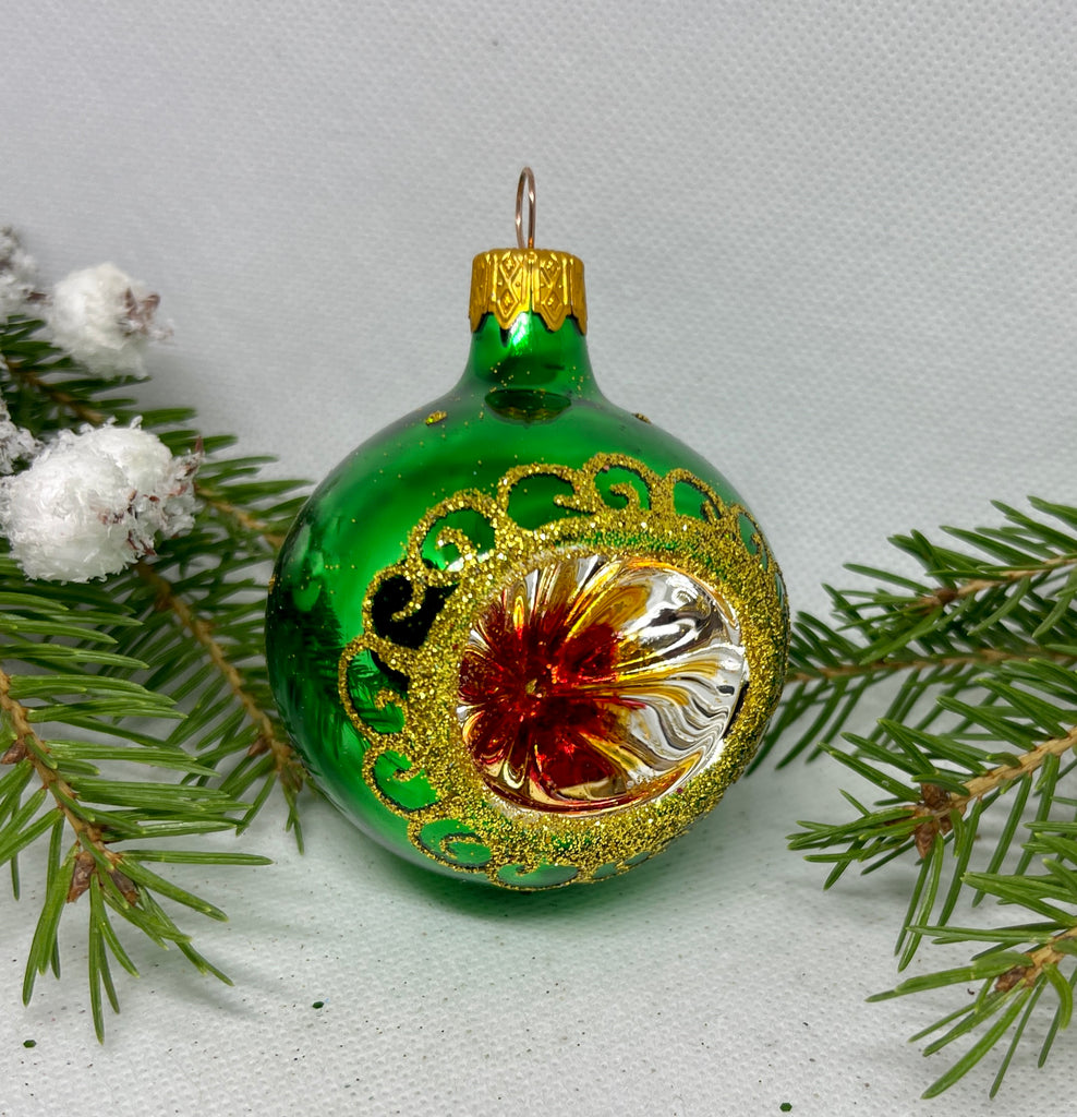 Green and gold reflector glitter glass Christmas ornament, handmade XMAS decoration ChristmasboxStore