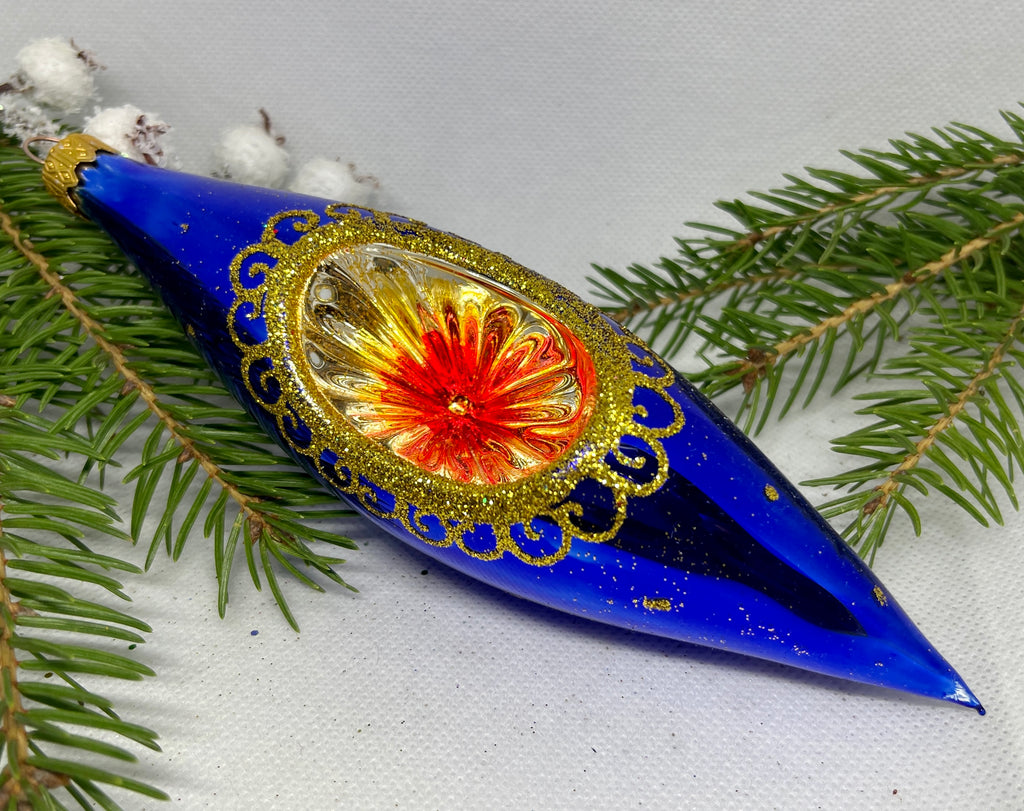 Blue and gold reflector glitter glass Christmas ornament, handmade XMAS decoration ChristmasboxStore