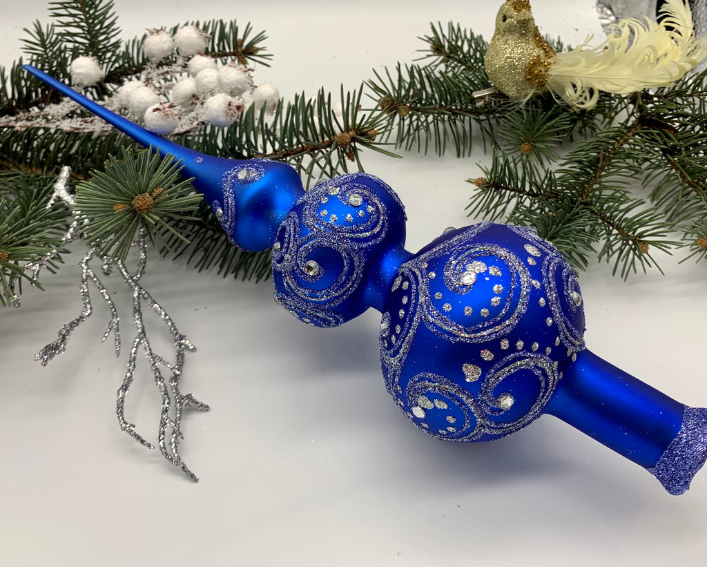 Big blue with silver and blue glitter Christmas glass tree topper,vintage Christmas finial ChristmasboxStore