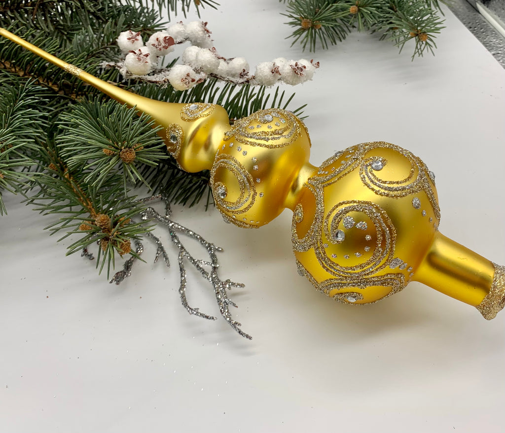 Big gold with silver and gold glitter Christmas glass tree topper,vintage Christmas finial ChristmasboxStore