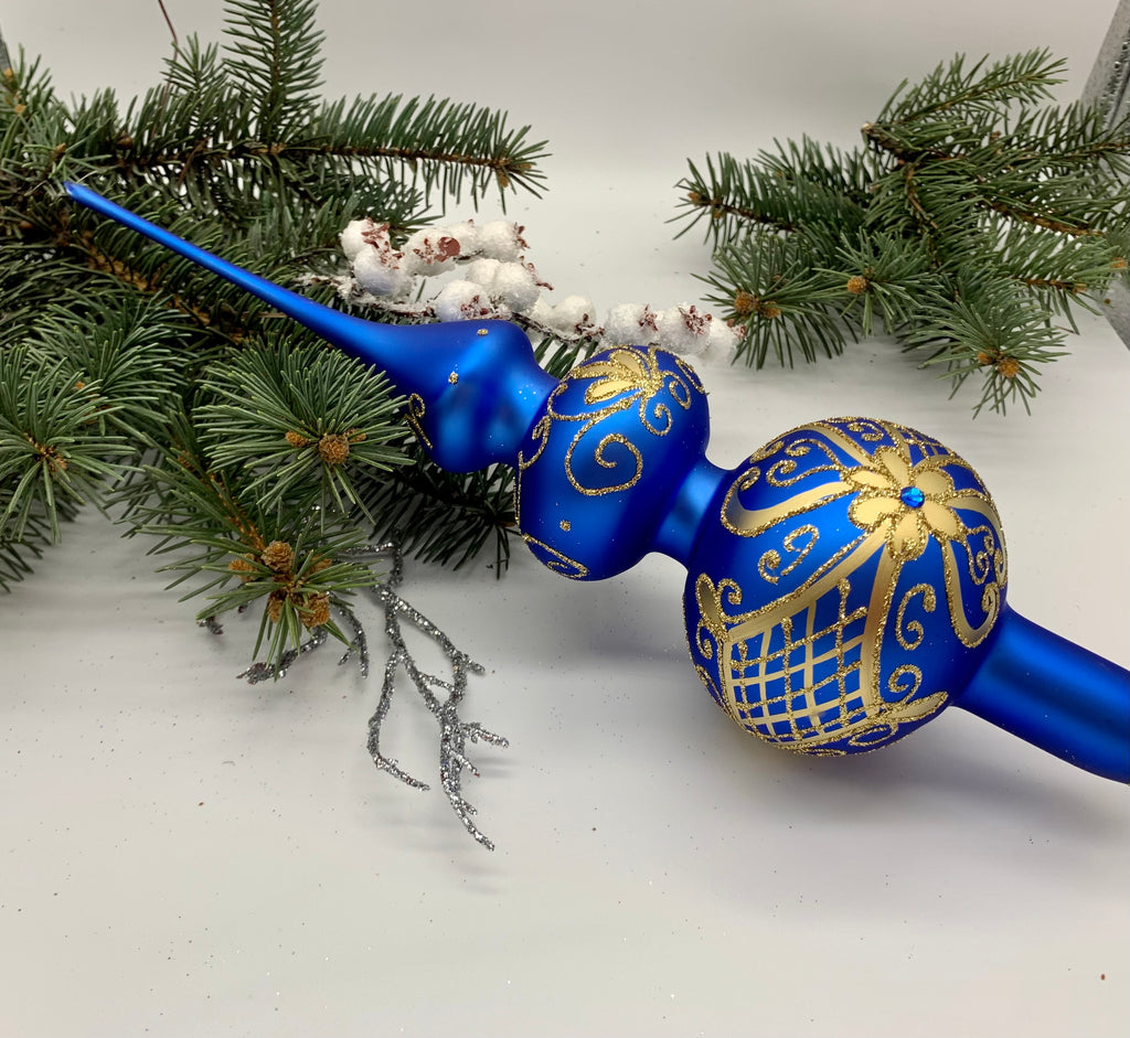 Big blue with gold glitter Christmas glass tree topper,vintage Christmas finial ChristmasboxStore