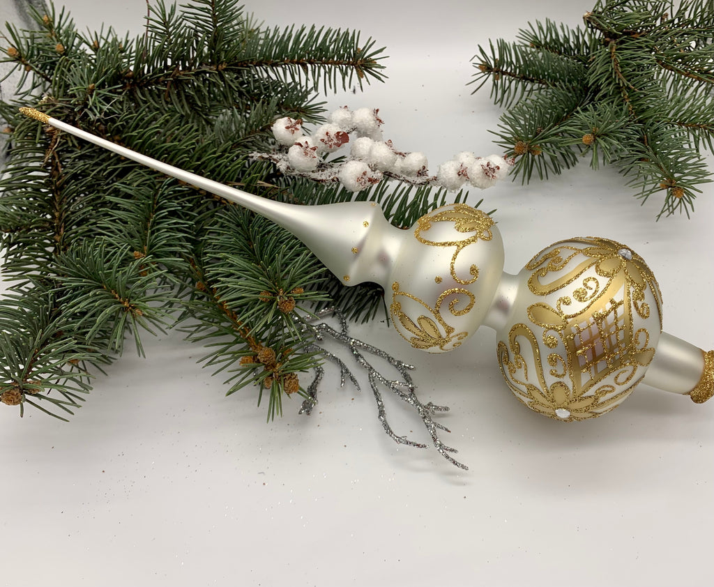 Big white with gold glitter Christmas glass tree topper,vintage Christmas finial ChristmasboxStore