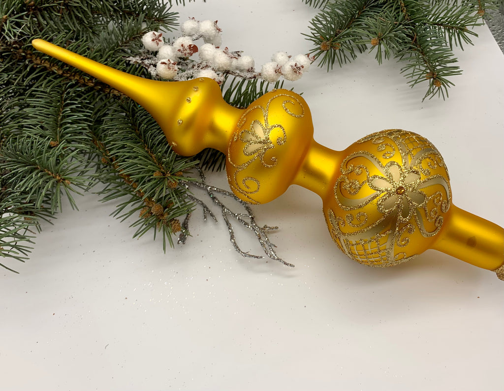 Big gold with gold glitter Christmas glass tree topper,vintage Christmas finial ChristmasboxStore