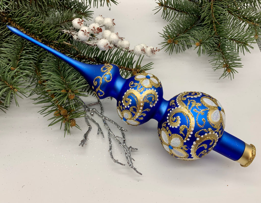 Big blue with gold and white glitter Christmas glass tree topper,vintage Christmas finial ChristmasboxStore