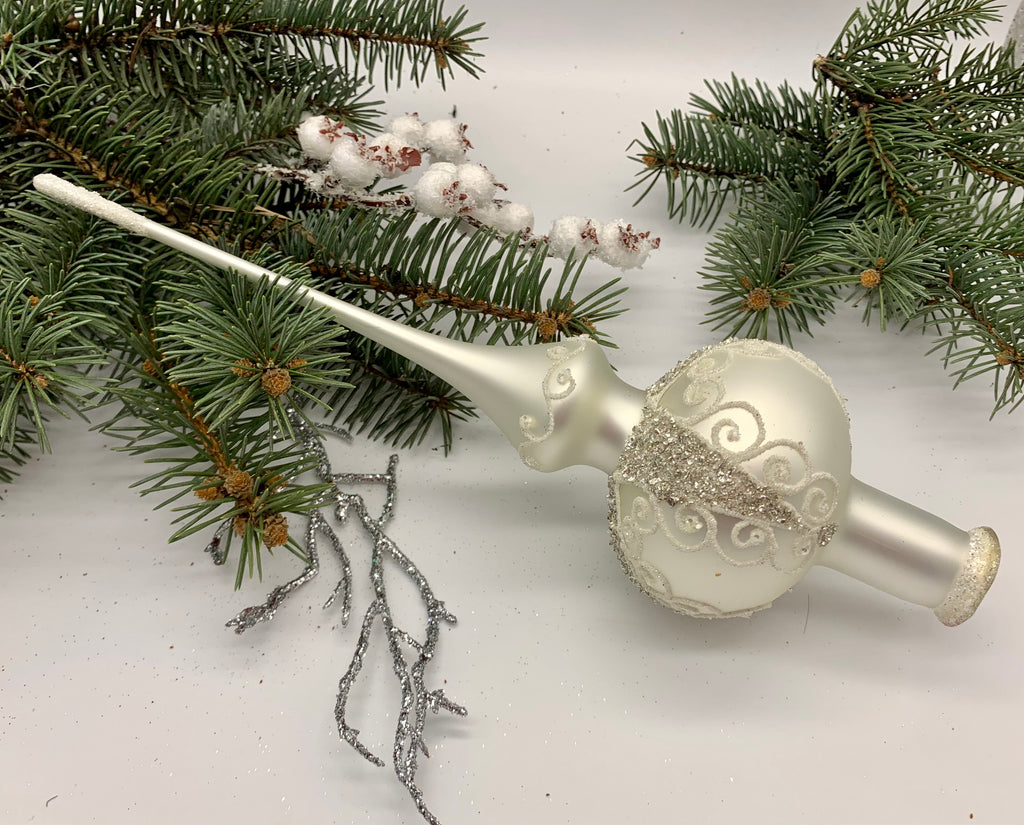 Big white with white and silver glitter Christmas glass tree topper,vintage Christmas finial ChristmasboxStore