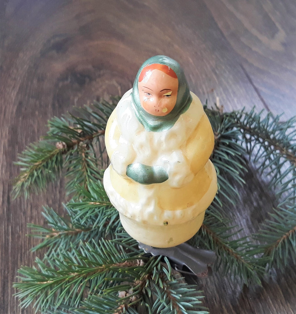 RARE! Old woman in yellow coat Antique Christmas glass ornament, vintage christmas 1950s, Retro Christmas ChristmasboxStore