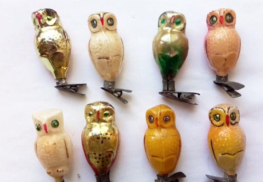 8 owls Christmas glass ornaments Vintage 1960s Christmas, Retro Tree decorations ChristmasboxStore