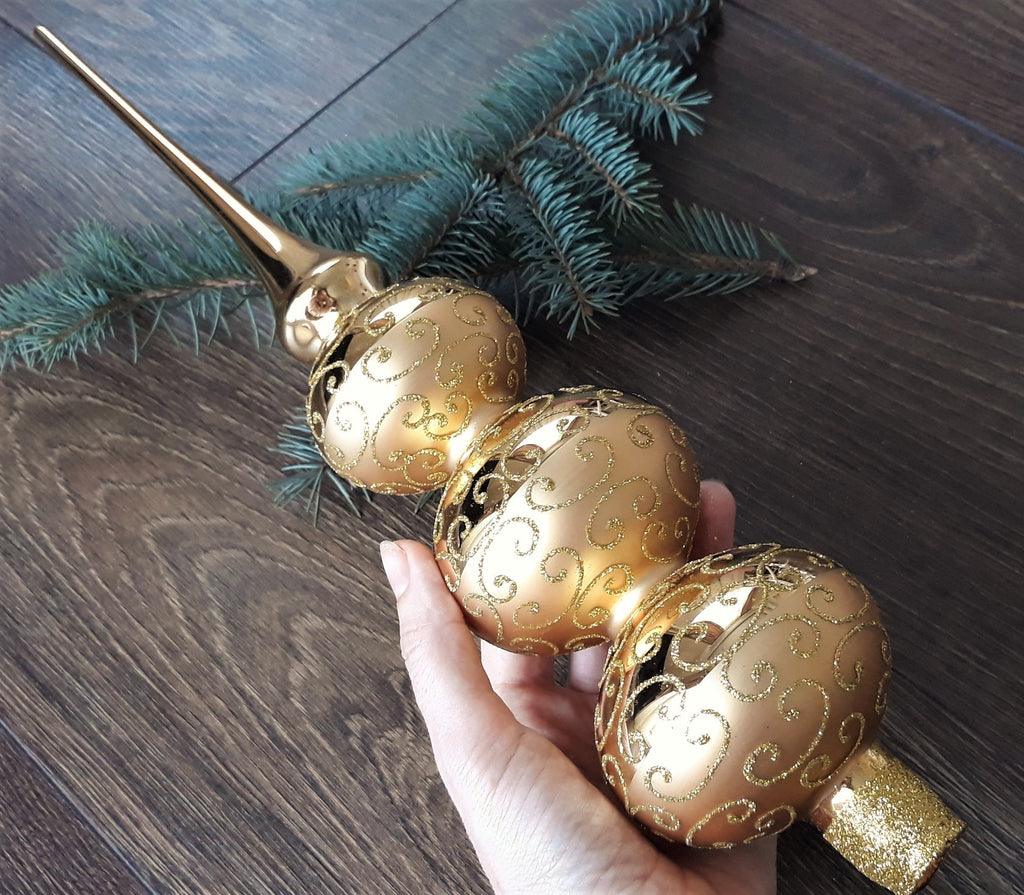 Big Gold Christmas glass Tree Finial With Three Balls Sections ChristmasboxStore