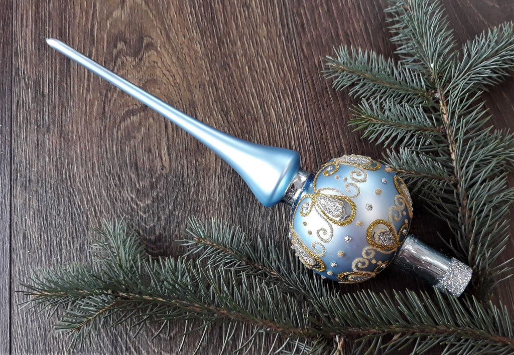 Light blue Christmas glass tree topper with gold handnade patton ChristmasboxStore
