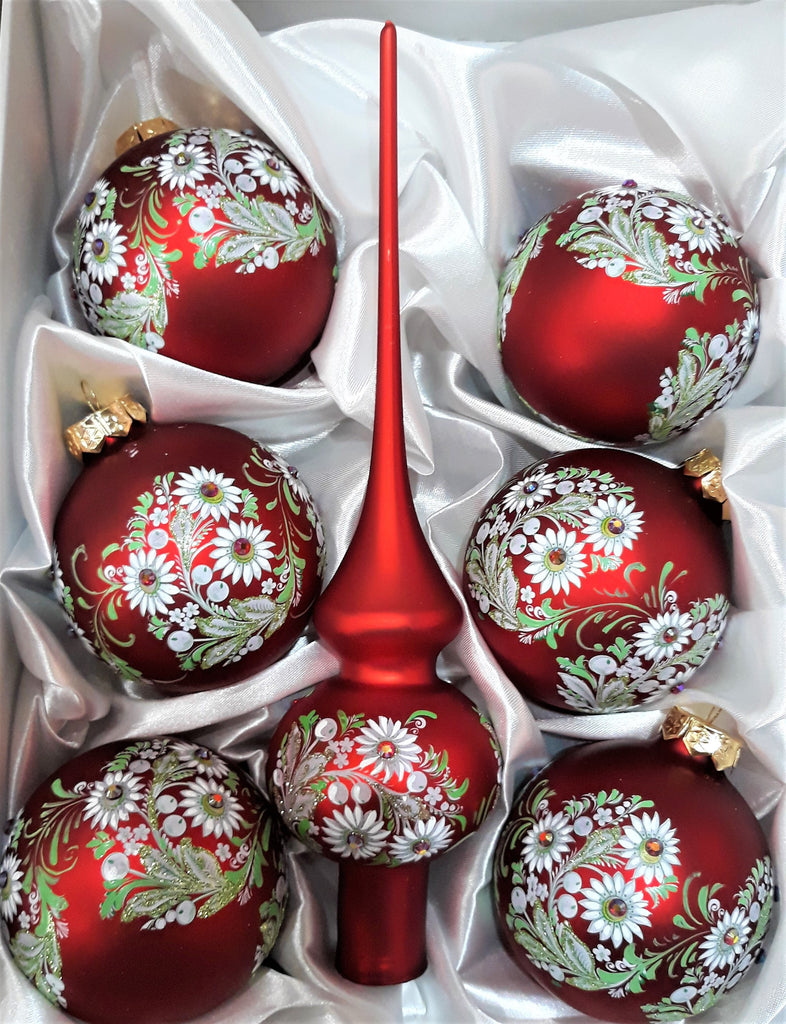 Set of  Red Christmas glass tree topper + 6 Christmas glass handmade ornaments ChristmasboxStore