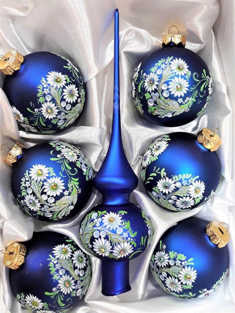 Set of  Blue Christmas glass tree topper + 6 Christmas glass handmade ornaments ChristmasboxStore