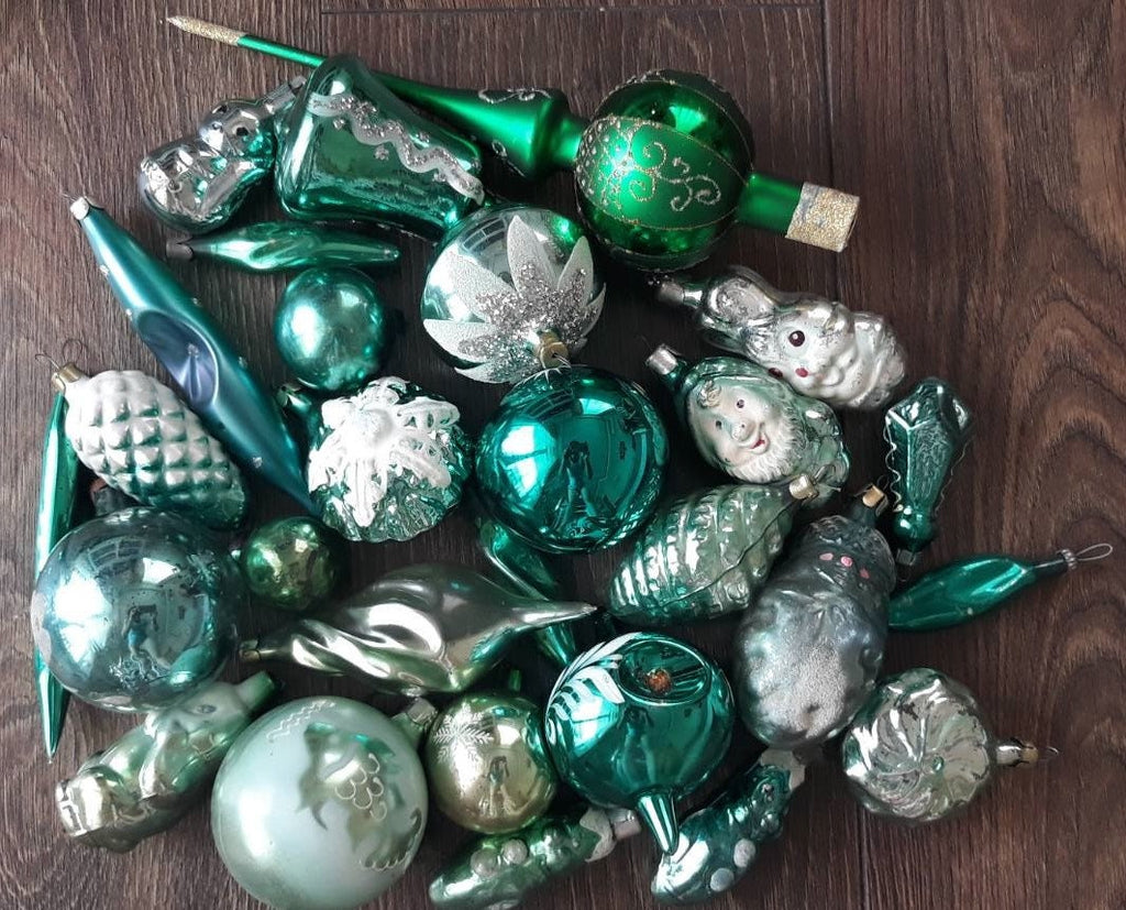 30 green Christmas glass ornaments +Christams tree topper 1980s, vintage christmas, Retro Christmas ChristmasboxStore