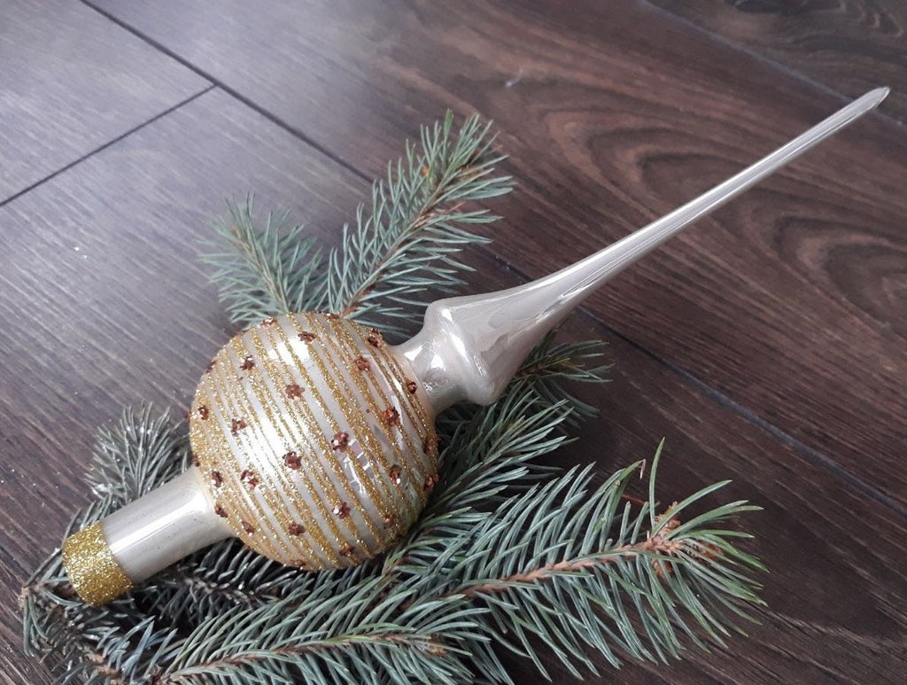 Pearl Christmas glass tree topper with gold glitter, vintage XMAS finial ChristmasboxStore