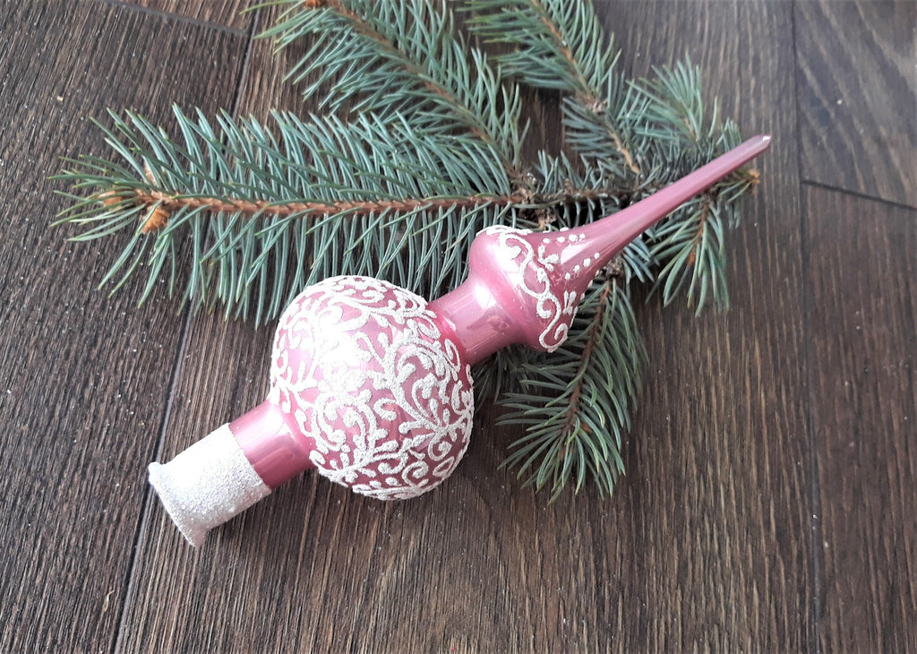 Small pink with white Christmas glass tree topper, vintage Christmas finial ChristmasboxStore