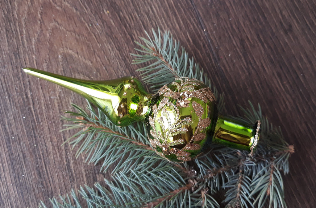 Small bright green Christmas glass tree topper, vintage Christmas finial ChristmasboxStore