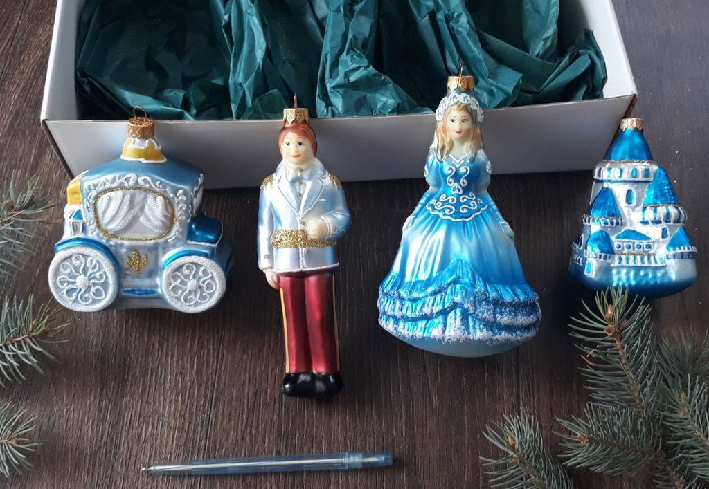 Cinderella set Christmas glass handmade ornaments, Luxury Christmas glass decorations ChristmasboxStore