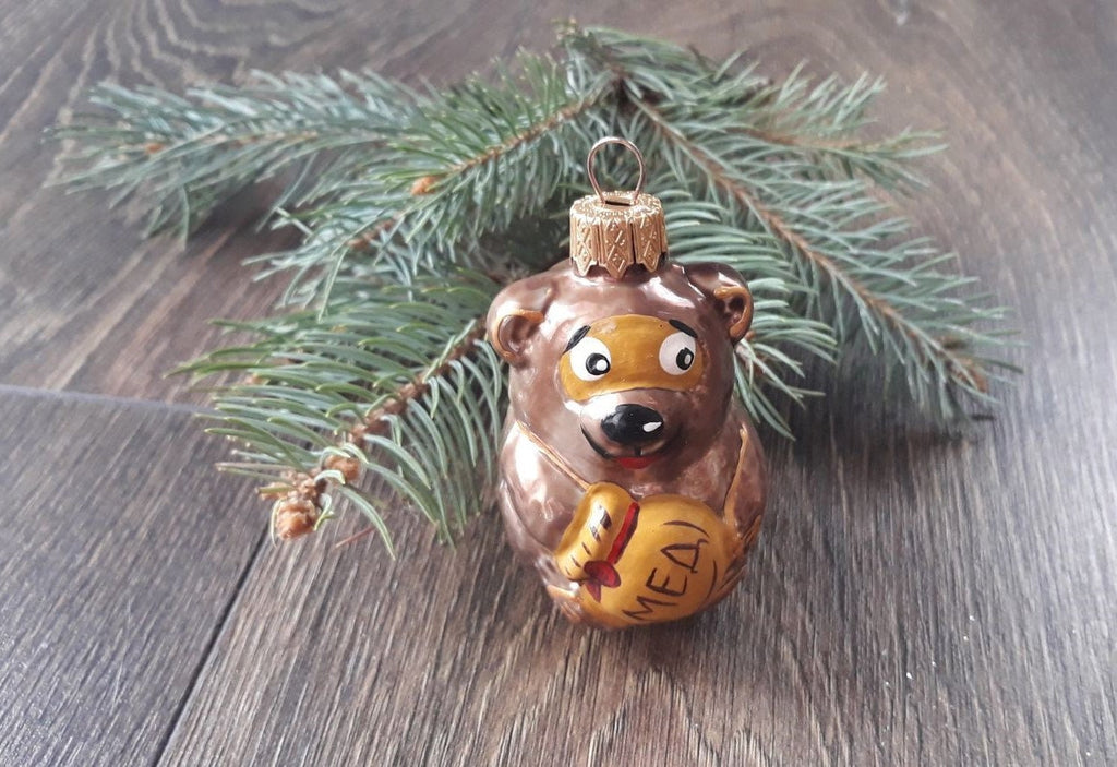 Bear with Honey Christmas glass tree ornament, Handmade decoration, Christmas Gift ChristmasboxStore