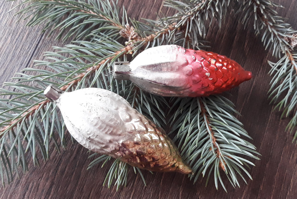 Two cones Antique Christmas glass ornament, vintage christmas 1950s, Retro Christmas ChristmasboxStore