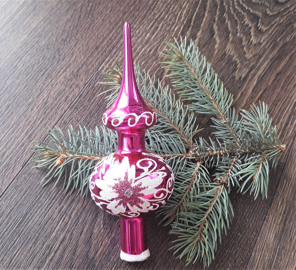 Small pink with flower Christmas glass tree topper, vintage Christmas finial ChristmasboxStore