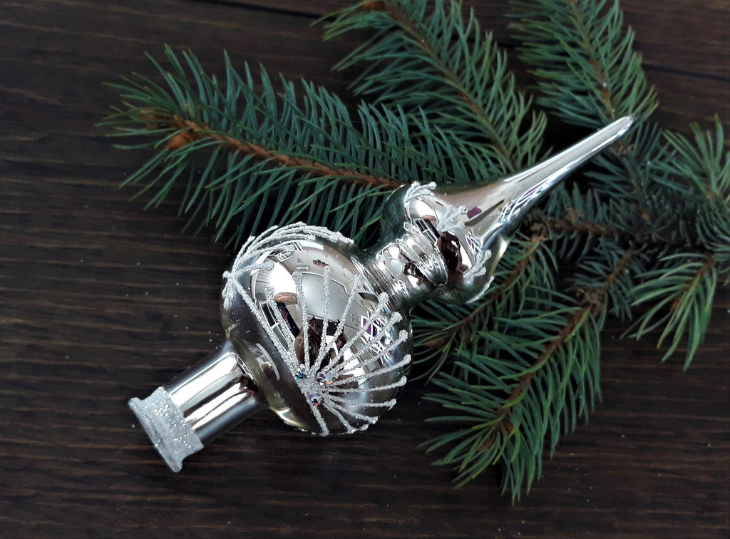 Small silver Christmas glass tree topper, vintage Christmas finial ChristmasboxStore