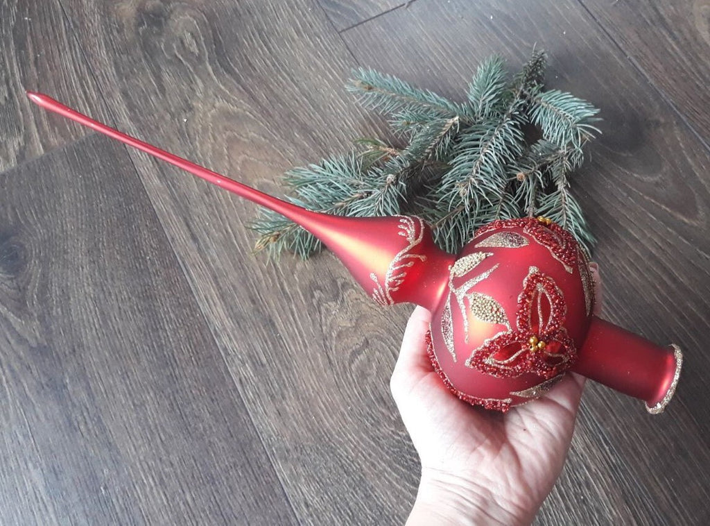 Big Red Christmas glass tree toppers decorated with beads, old world christmas tree finial ChristmasboxStore