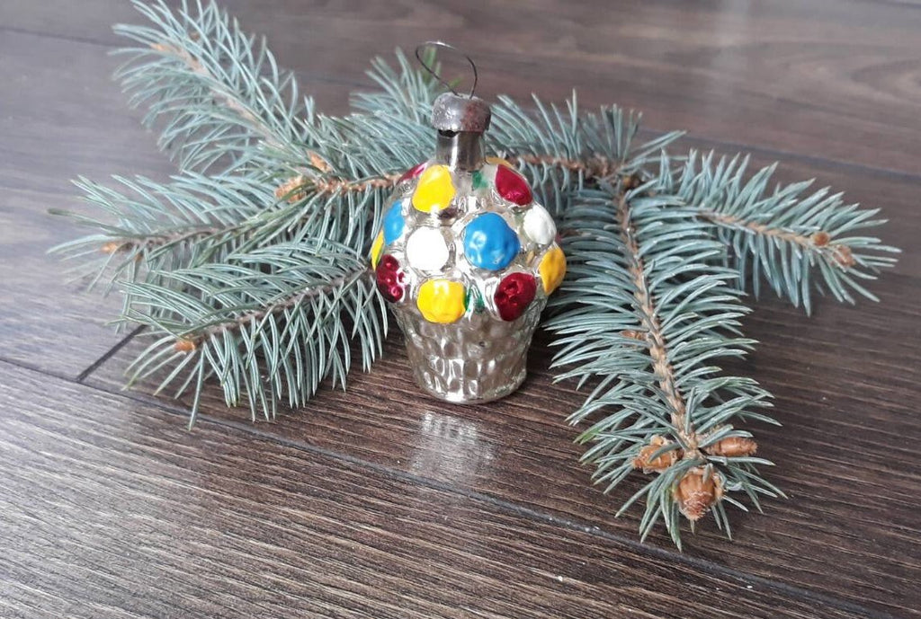 Basket of flowers Antique glass Christmas ornament 1970s, vintage Christmas tree glass ornament ChristmasboxStore