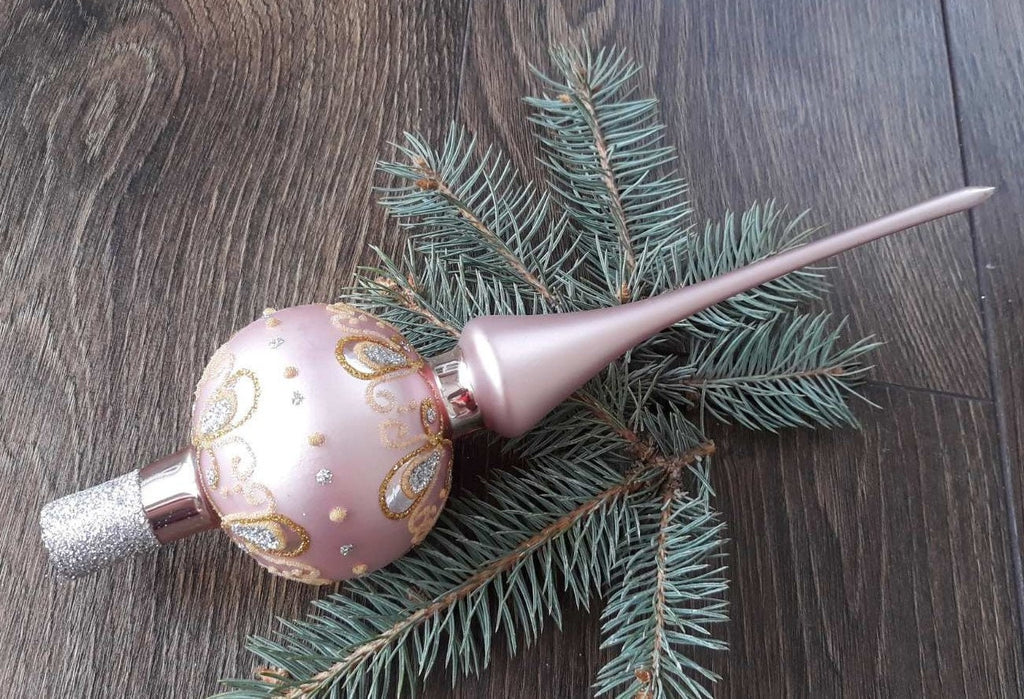 Pink with gold and silver Christmas glass tree topper, vintage Christmas finial ChristmasboxStore