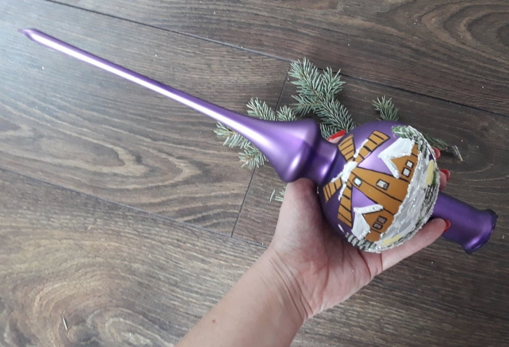 Big violet handpainted tree topper, vintage Christmas glass tree topper ChristmasboxStore