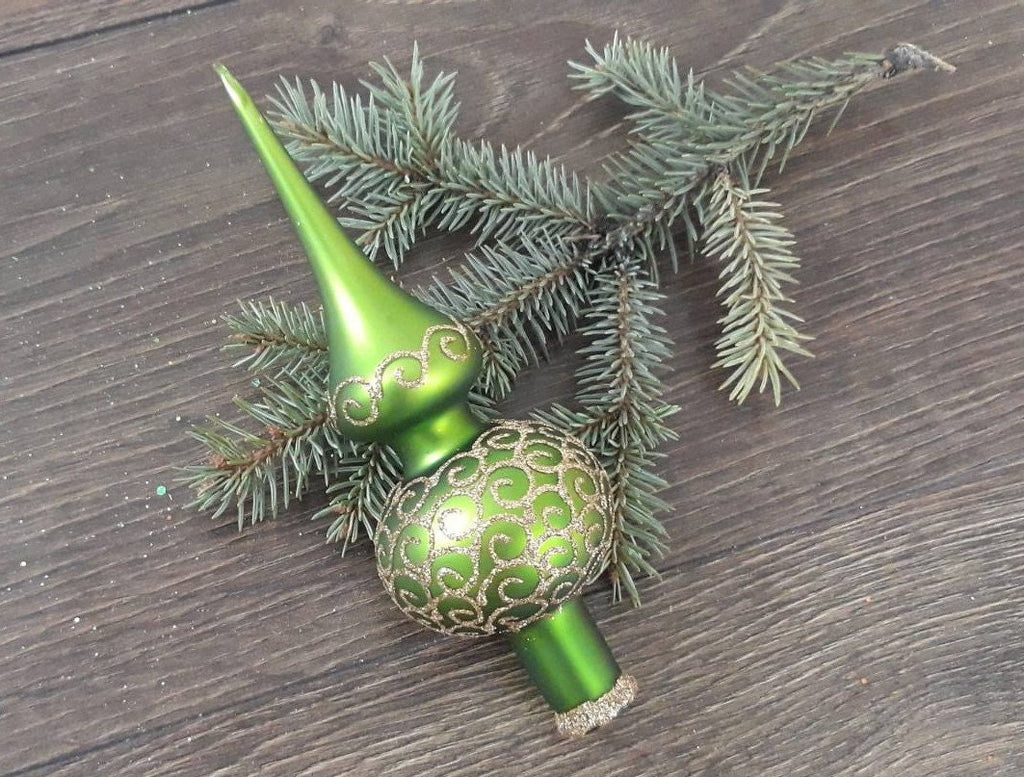 Small green matt Christmas glass tree topper, vintage Christmas finial ChristmasboxStore