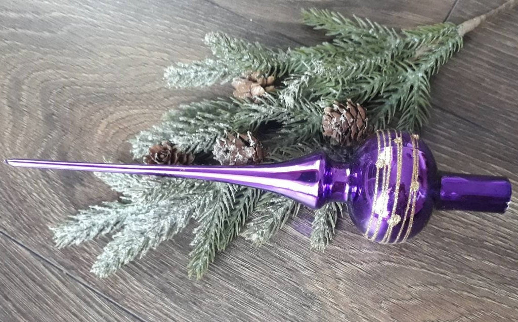 Violet Christmas glass tree topper with gold glitter ChristmasboxStore