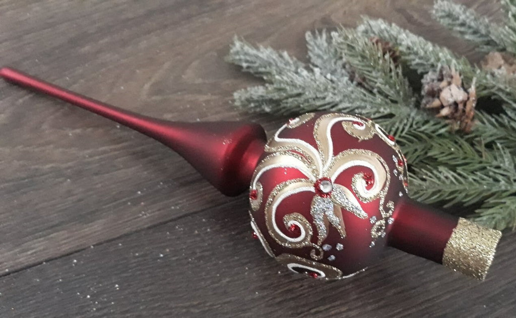 Red Christmas glass tree topper with handmade patten, XMAS finial ChristmasboxStore