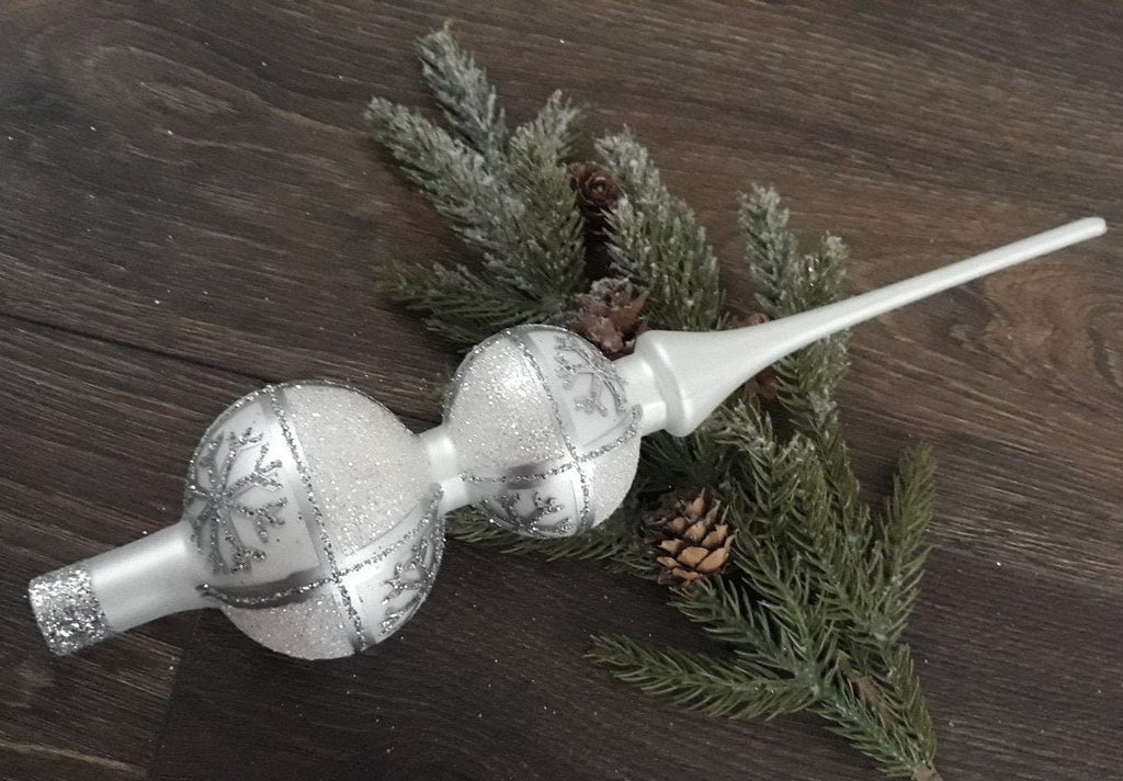 White and silver Christmas glass tree topper, vintage XMAS finial ChristmasboxStore