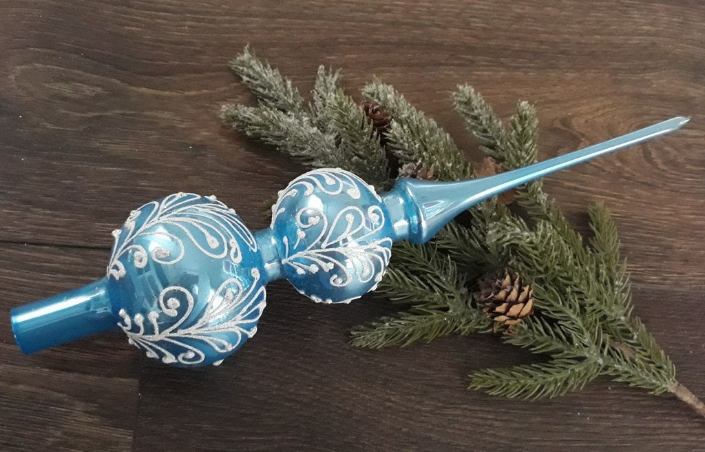 Blue Christmas Tree Finial With two Balls Section hand-pained patton ChristmasboxStore