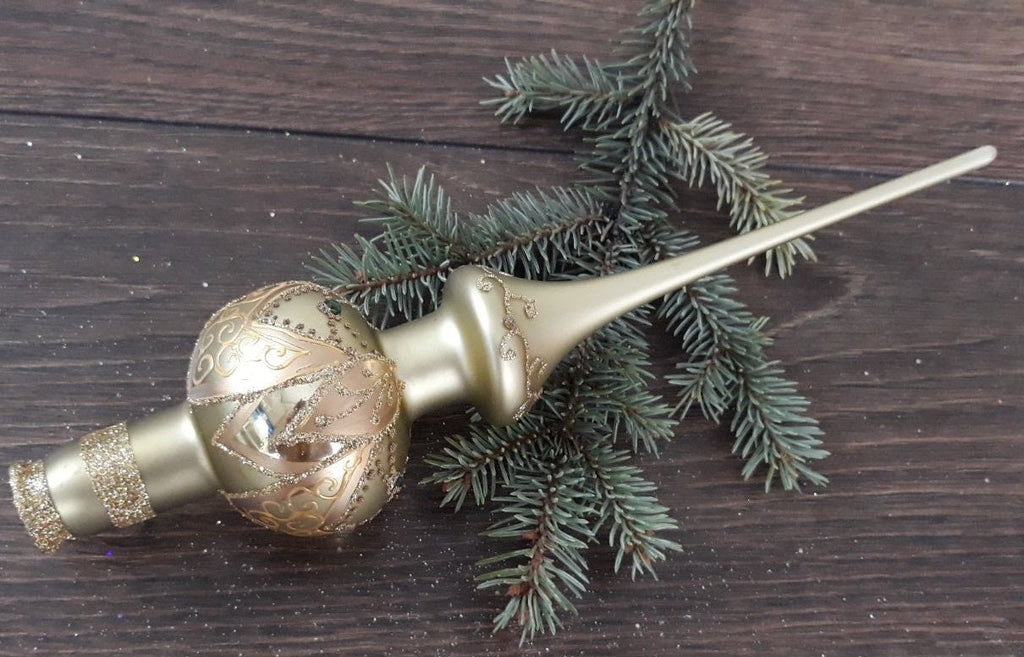 Light green Christmas glass tree topper with glitter, vintage finial ChristmasboxStore