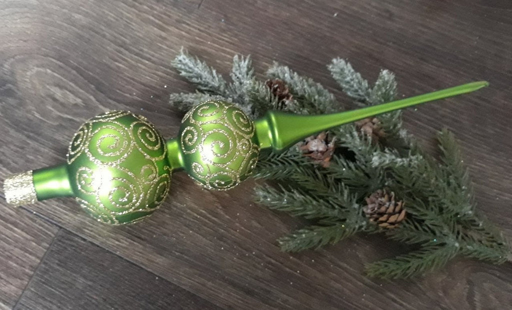 Green Christmas glass Tree Finial With two Balls Section Which Is Accented With gold ChristmasboxStore