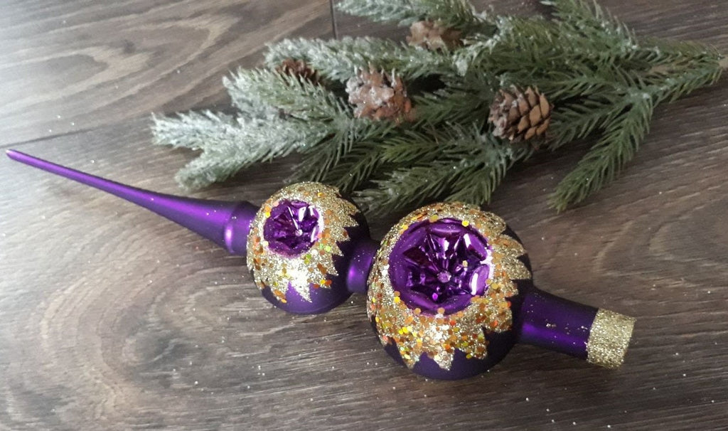 Violet Christmas glass tree topper with reflectors and gold glitter ChristmasboxStore