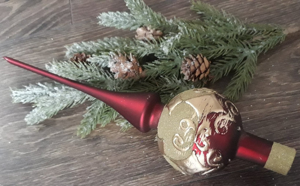 Red and gold Christmas glass tree topper, vinatge XMAS finial ChristmasboxStore
