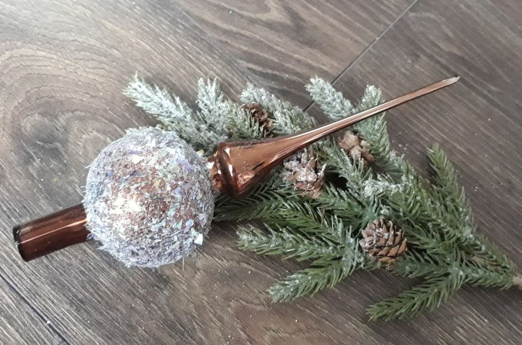 Brone Christmas glass tree topper with glitter, handmade XMAS finial ChristmasboxStore