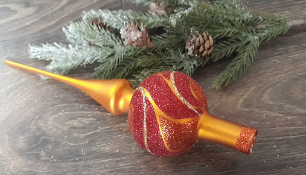 Orange Christmas glass tree topper with red glitter, handmade XMAS finial ChristmasboxStore