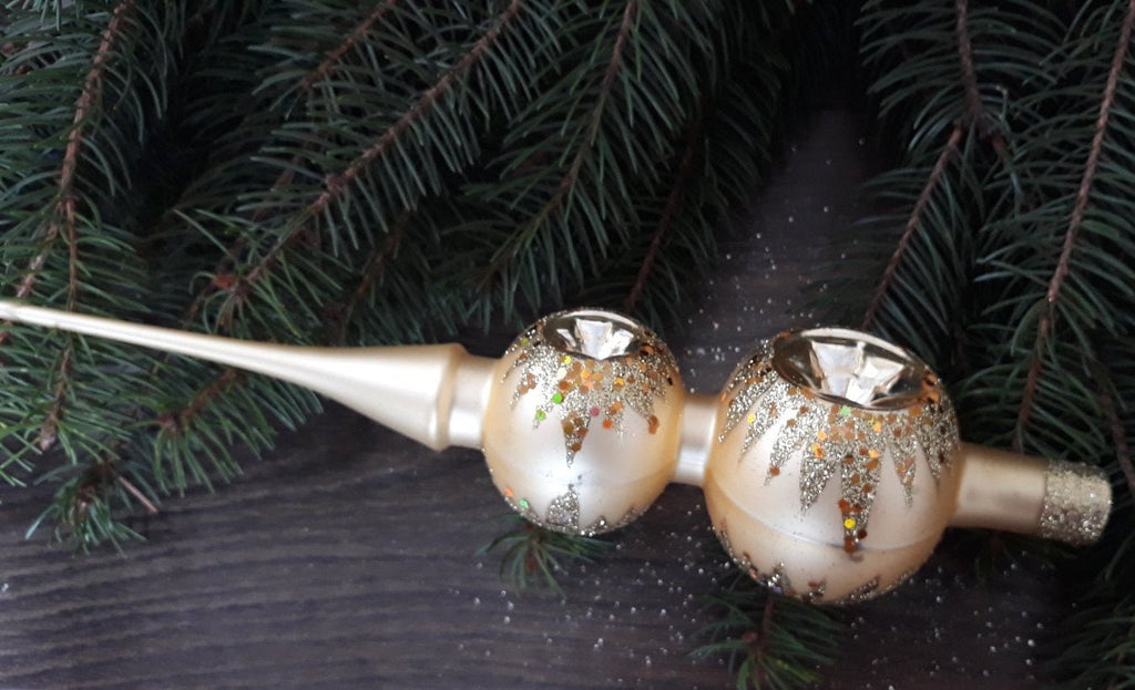 Beige Christmas glass tree topper glitted with reflectors ChristmasboxStore