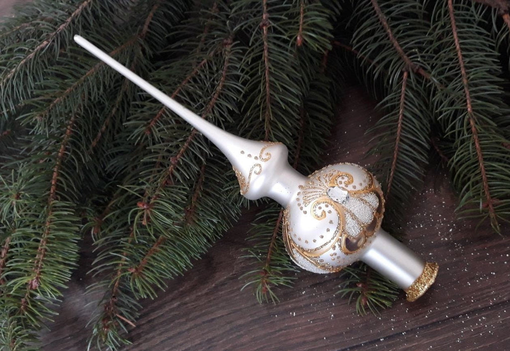 Silver with gold Christmas glass tree topper, vintage XMAS finial ChristmasboxStore