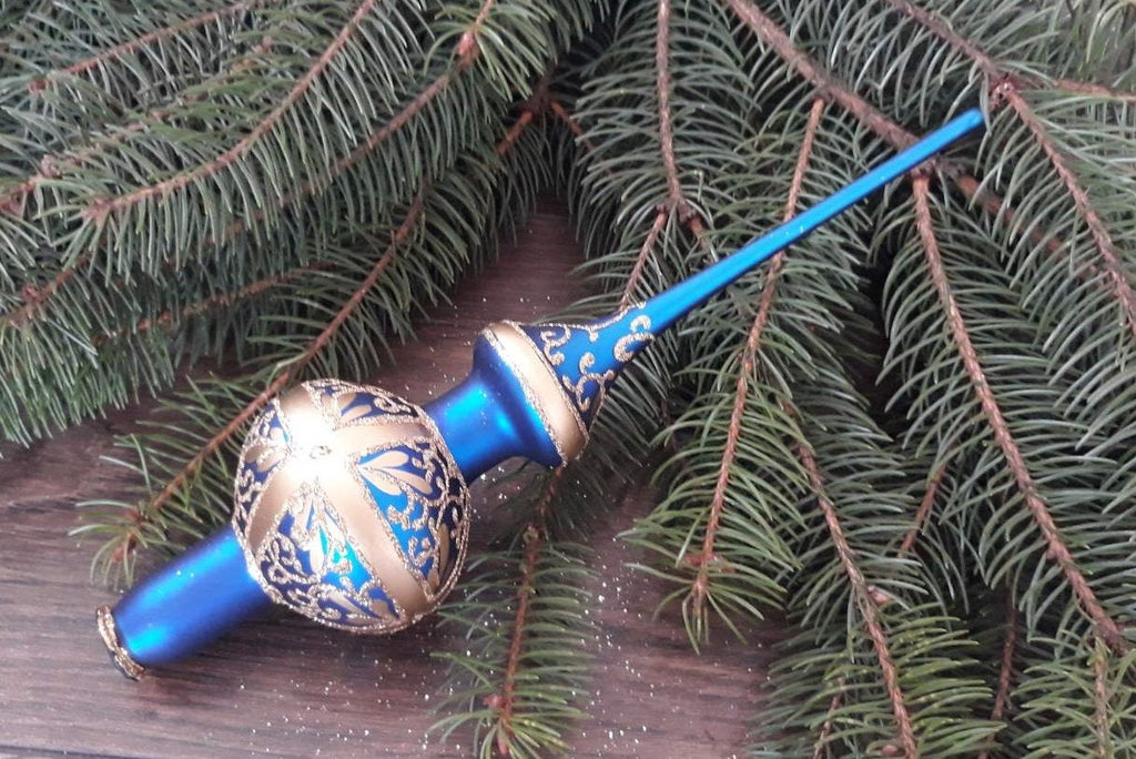Blue with gold Christmas glass tree topper, vintage XMAS finial ChristmasboxStore