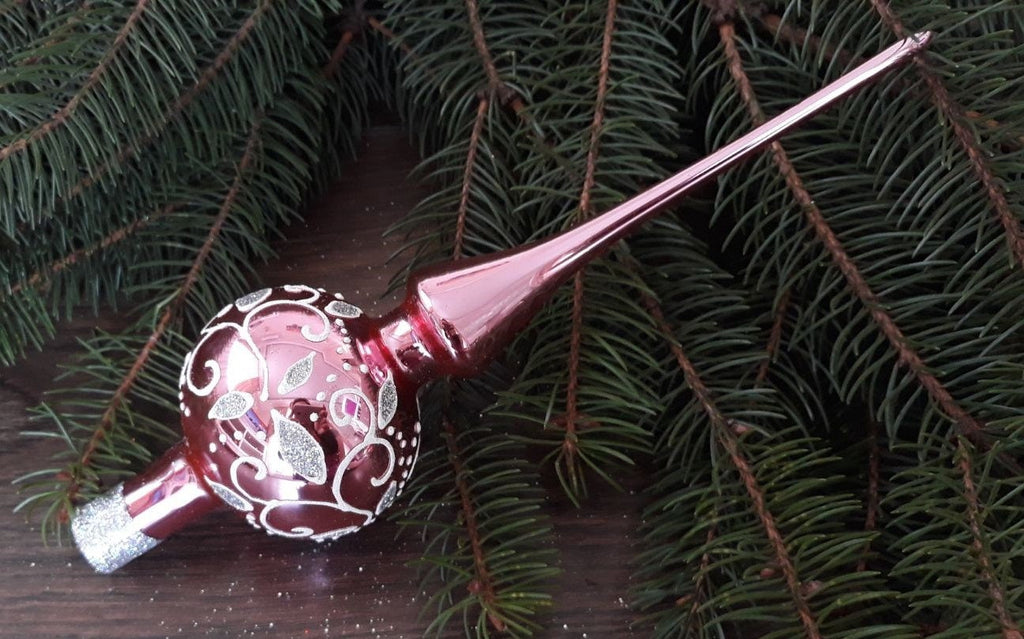 Bright pink with a patton Christmas glass tree topper, vintage finial ChristmasboxStore