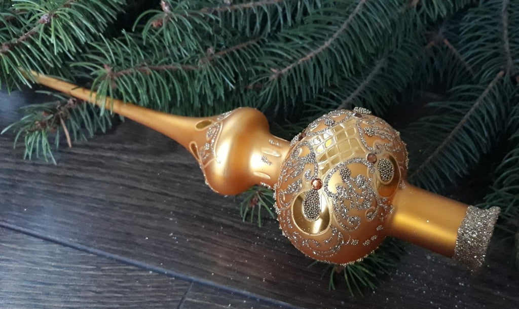 Gold with glitter Christmas glass tree topper, vintage XMAS finial ChristmasboxStore