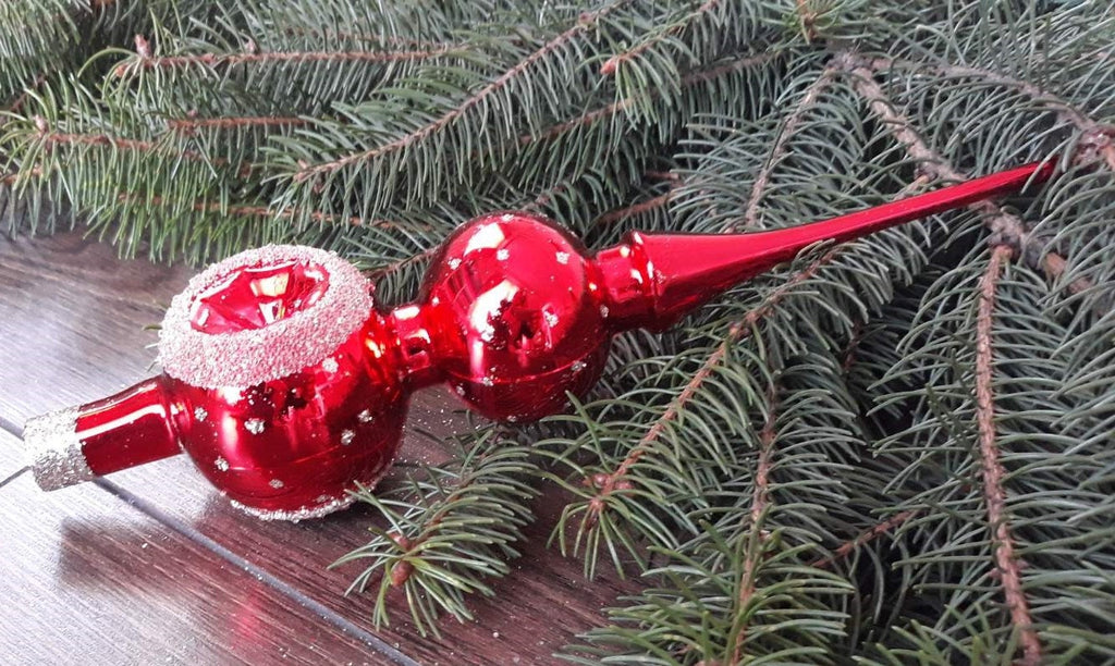 Red Christmas glass tree topper with reflector, vintage finial ChristmasboxStore