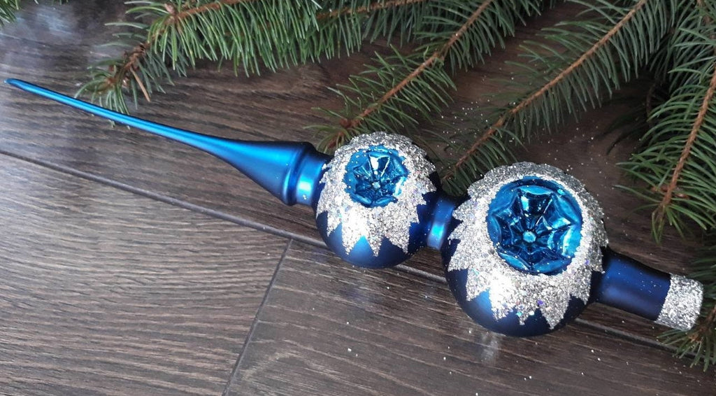 Blue and silver Christmas glass tree topper with reflectors, vintage finial ChristmasboxStore