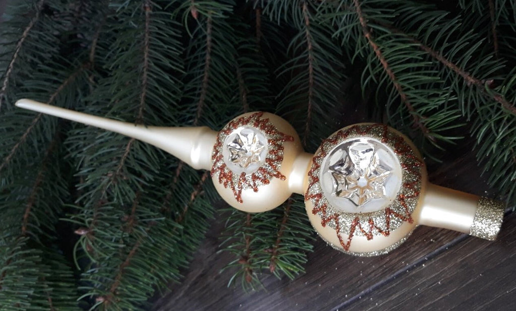 Beige matt Christmas glass tree topper with reflectors, vintage Christmas finial ChristmasboxStore